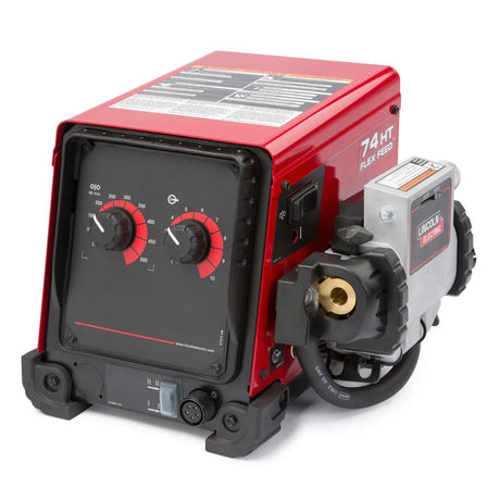 A Lincoln Flex Feed 74 HT Simple U/I, No Reel (K3883-1) semiautomatic wire feeder features two black control dials, a display panel, a right-side wire drive mechanism, and clear operational instructions on its industrial red housing.