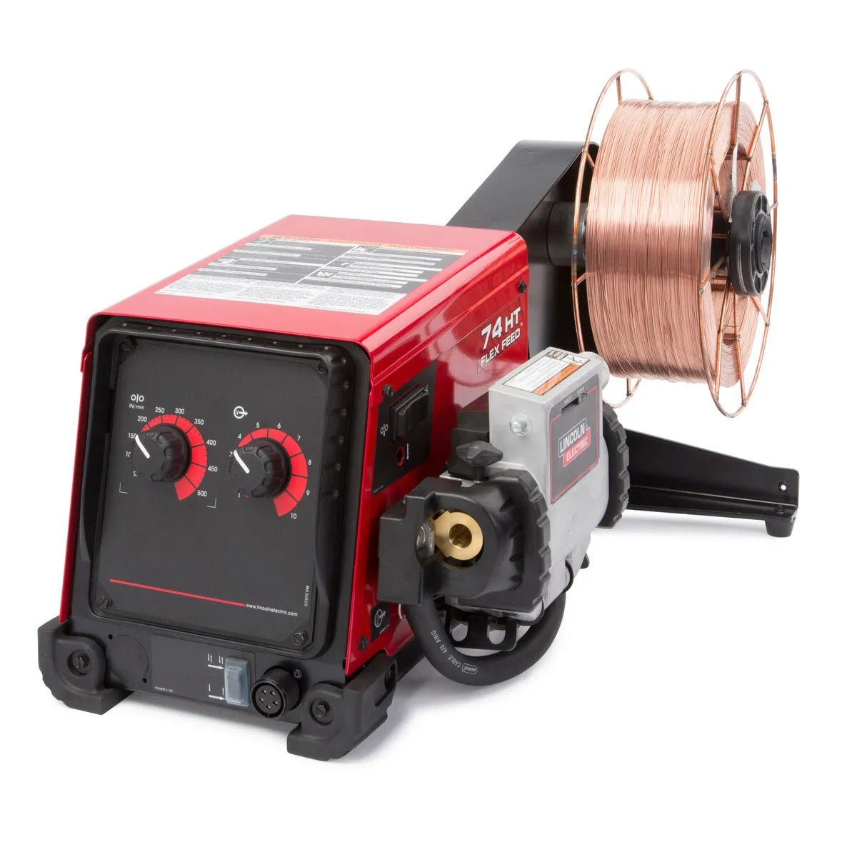 The Lincoln Flex Feed 74 HT Simple U/I, Std. Dty. Reel K3883-5 is a red and black semiautomatic wire feeder with dual control knobs, front display panel, and a side-mounted spool of copper welding wire for industrial welding tasks.