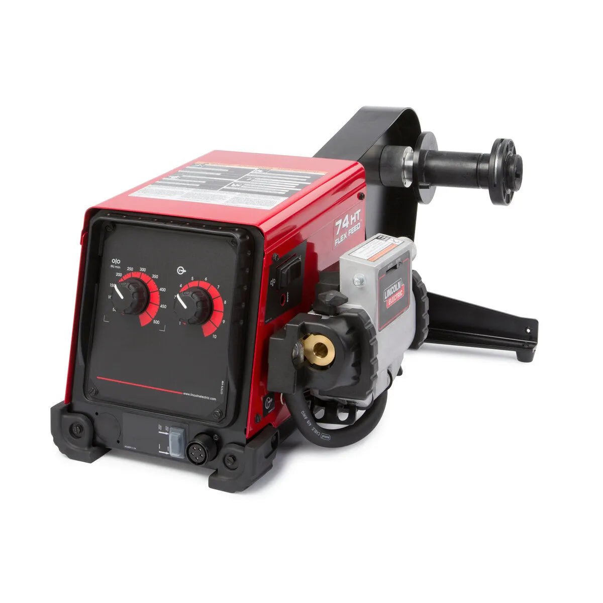 A Lincoln Flex Feed 74 HT Simple U/I, Std. Dty. Reel K3883-5 wire feeder in red and black with dual control knobs, gauge markings, spool holder, cable port, and silver motor housing—built for heavy duty industrial use.