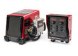 Two red Lincoln Flex Feed 84 Single Drive Boom One-Pak K5000-11 wire feeders are shown. The left displays its spool mechanism; the right features black welding control knobs, switches, digital displays, and the Flex Feed logo.