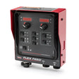 A red Lincoln Flex Feed 84 Single or Dual Control Box (U/I K5004-1) features a black front panel with two digital displays, rotary knobs, buttons labeled A–D and 1–2, welding icons, plus ports and connectors at the bottom.