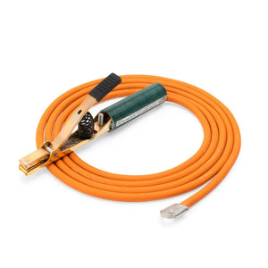 The Lincoln Flexible Cable Work Lead 2 AWG, 25 FT (K4893-2-25) includes a 300A electrode holder with black handle, a flat metal lug, a green insulated clamp cover, and offers heavy-duty flexibility for welding.