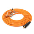 The Lincoln Flexible Cable Work Lead 2/0 with Tweco Male & Ground Clamp 50 FT (K5435-2/0-50) is a flexible, orange welding cable featuring a large copper ground clamp and a black Tweco male connector for welding machines.
