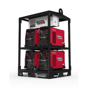 A large black metal rack holds four red Lincoln Flextec 350X Construction (Tweco) welding machines (K3402-3) arranged in two rows, each with control panels featuring knobs and dials, and a white-and-black logo plate on top.