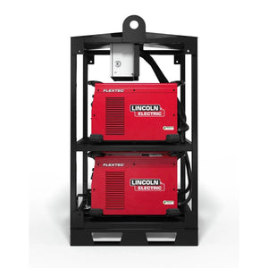 A black metal inverter rack (Lincoln Flextec 350X Construction (Tweco) 4-Pack Rack K3402-3) holds two red Lincoln Electric welding machines on each shelf, with thick black cables, set against a plain white background.