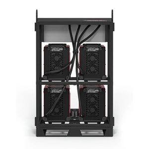 The Lincoln Flextec 350X Construction (Tweco) 4-Pack Rack K3402-3 is a black inverter rack holding four units in two rows with vents, fans, and cables for efficient welding arc handling. The industrial, organized design ensures reliable performance.