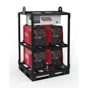 The Lincoln Flextec 350X Construction (Tweco) 4-Pack Rack K3402-3 holds four robust Flextec 350X welders on sturdy shelves, each with front control panels. The rack features a branded label, perfect for demanding construction and strong welding arcs.