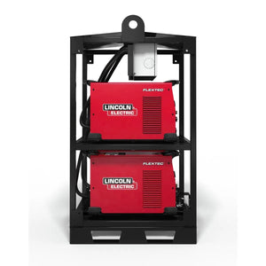 Front view of a black metal rack holding two red Lincoln Flextec 350X Construction (Tweco) welders from the K3402-3 4-Pack Rack, stacked vertically with visible cables and grilles, set against a plain white background.