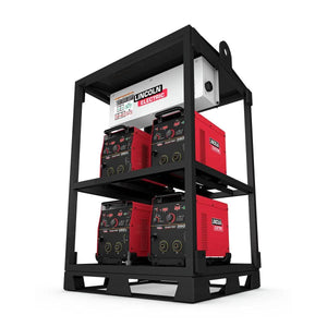 A black rack holds four Lincoln Flextec 350X Construction (Tweco) welders, all set against a plain white background.