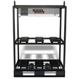The Lincoln Flextec 350X Empty 6-pack rack K4769-2 is a black metal rack with two shelves, six platform slots, an open-frame design, white back panel, sturdy black footings, and Lincoln Electric branding at the top.