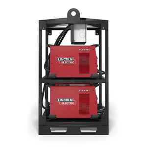 The Lincoln Flextec 350X PowerConnect 4-Pack Rack K4726-1 securely holds two red welding machines stacked vertically, with black cables coiled above and between them and a gray electrical box mounted at the top center.