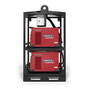 The Lincoln Flextec 350X PowerConnect 4-Pack Rack K4726-1 holds two red Flextec 350X welders stacked vertically, with visible vents, control knobs, white branding, thick black cables, and a gray junction box on top.