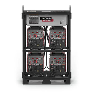 The Lincoln Flextec 350X PowerConnect 4-Pack Rack K4726-1 features four welding machines in a black rack with cables, stacked in two rows. A gray panel with circuit breakers and the Lincoln Electric logo completes this efficient power solution.