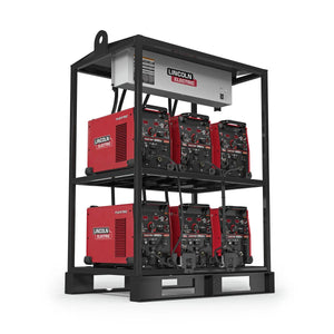 The Lincoln Flextec 350X PowerConnect 6-Pack Rack (K4727-1) securely holds six red Flextec 350X welders in two rows of three, includes a white power distribution box on top, and has forklift openings on its durable black platform.