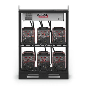 The Lincoln Flextec 350X PowerConnect 6-Pack Rack (K4727-1) holds six Invertec 250SX welders with cables in two rows of three, and features a top-mounted Flextec 350X PowerConnect unit with indicator lights and labeled switches.