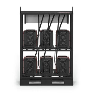 The Lincoln Flextec 350X PowerConnect 6-Pack Rack (K4727-1) holds six black welders in two rows of three, each with thick power cables, rear fans, and red accents—ideal for high-demand welding applications.
