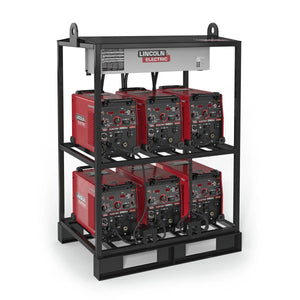The Lincoln Flextec 350X PowerConnect 6-Pack Rack (K4727-1) holds six welders in a black metal frame, organized in two rows. Each unit features dials, switches, and meters for a portable and efficient industrial welding solution.