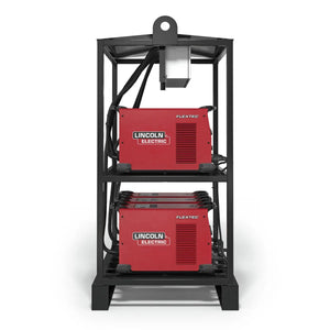 The Lincoln Flextec 350X PowerConnect 6-Pack Rack (K4727-1) holds two red Flextec 350X welders, one per shelf. Cables are coiled neatly, and a lifting hook with a metal plate is mounted on top for easy transport. Viewed from the front.