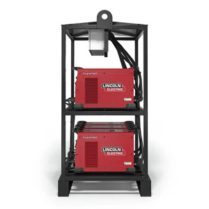 The Lincoln Flextec 350X PowerConnect 6-Pack Rack (K4727-1) holds four stacked red welding machines, two per shelf, with coiled black cables and a top lifting hook, offering a streamlined, organized welding power solution.
