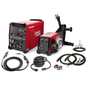 The Lincoln Flextec 350X PowerConnect Flex Feed 84 One-Pak (K4274-7) set includes the welder, feeder, cables, clamps, torch, gas regulator & connectors—all shown neatly arranged on a white background.