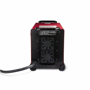 A red and black Lincoln Flextec 350X PowerConnect Twist Mate/Dinse (K3443-1) is shown from the back with a vented cooling fan, left-side cable connection, top handle, and small wheels—all against a plain white background.