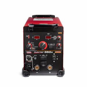 A front view of the Lincoln Flextec 350X PowerConnect Twist Mate/Dinse (K3443-1) multi-process welder shows its black and red design with digital displays, control dials, switches, ports, and terminals on a white background.