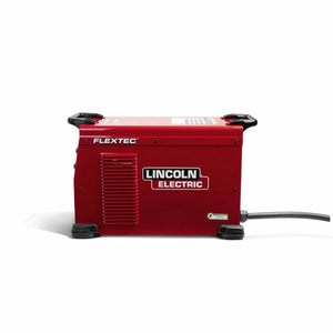 A red Lincoln Flextec 350X PowerConnect Twist Mate/Dinse - K3443-1 multi-process welder sits on a white background, featuring black handles, a side vent, power cord, and the brand logo with model name clearly displayed on its side.