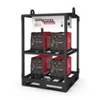 The Lincoln FLEXTEC 350X STANDARD COMPACT 4-PACK RACK K3403-1 holds four red welders, two per shelf, with a white Lincoln Electric control panel above and lifting hooks on top. The rack is shown against a plain white background.