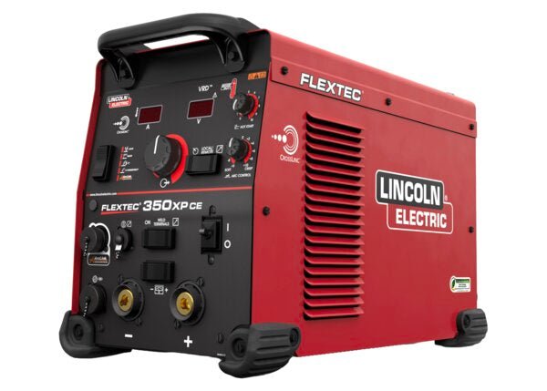 Red Lincoln Flextec 350XP (CE) K5422-1 welding machine with controls, ports, vents, and wire feeder compatibility at WeldingMart.
