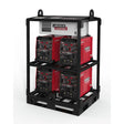 The Lincoln Flextec 350XP (Tweco) 4-Pack Rack K3403-3 holds four red welding machines in two rows, features corner lifting lugs, an open front for access, and a white Lincoln Electric control box mounted on top.