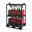 The Lincoln Flextec 350XP (Tweco) 6-Pack Rack K4281-2 securely holds six welders in two rows of three, each with control knobs and labels, all connected on a sturdy black base with an overhead panel and wiring.