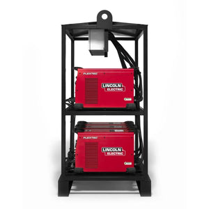 A Lincoln Flextec 350XP (Tweco) 6-Pack Rack K4281-2 holds two red welders with thick black cables attached, one per shelf. A gray electrical box is on top. The metal rack and welders are set against a plain white background.