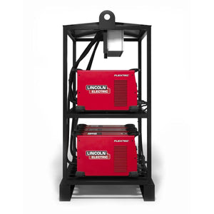 The Lincoln Flextec 350XP (Tweco) 6-Pack Rack K4281-2 holds two stacked red welders in a black metal frame with visible cables, a top-mounted lifting eye for hoisting, and prominent FLEXTEC branding.