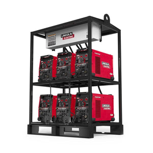 A Lincoln Flextec 350XP (Tweco) 6-Pack Rack K4281-2 holds six welders arranged in two rows of three, topped with a white and gray control box. Power cables are neatly organized for efficient industrial use.