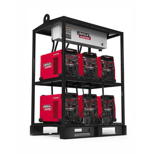 The Lincoln Flextec 350XP (Tweco) 6-Pack Rack K4281-2 holds six red welders in two rows of three, connected by thick power cables and topped with a control unit, all mounted on a sturdy black pallet base.