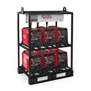 The Lincoln Flextec 350XP (Tweco) 6-Pack Rack K4281-2 holds six red welders in two rows of three, with visible control panels and branding, while lifting hooks on top allow for easy transport.
