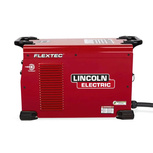 The Lincoln Flextec 350XP Tweco - K4272-2 is a red multi-process welder with black handles, feet, and accents. Its bold branding and advanced CrossLinc Technology are complemented by a black power cable on the lower right side.