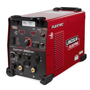 The Lincoln Flextec 350XP Twist Mate - K3442-2 is a sturdy red welding machine with a black control panel, dials, switches, connectors, protective corner guards, and a clearly visible Lincoln Electric logo.