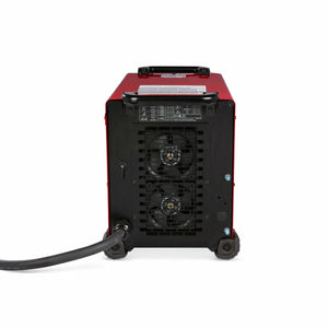 A red Lincoln Flextec 350XP Twist Mate - K3442-2, viewed from the back, shows two round cooling fans behind a black grille. A thick black power cable exits the bottom left. This portable welder has a handle and small wheels for easy transport.