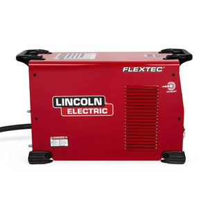 A red Lincoln Flextec 350XP Twist Mate - K3442-2 welding machine is shown from the side, featuring black handles, ventilation slats, a warning label, the Lincoln Electric logo, and a rear power cable.