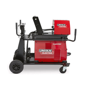 Lincoln Flextec 500X/LF-74 Ready-Pak welder in red on black cart with handle, hoses, and wire feeder control unit—WeldingMart.