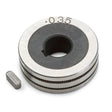 A Lincoln Flux-Cored/MIG Wire Drive Roll (.035–.045 in, KP3285-1) with grooved edges, a shiny surface marked 0.35, and an included cylindrical pin with a partial black ring is shown.