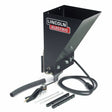 The Lincoln Flux Hopper K219 is a black metal welding accessory featuring a large angled hopper, attached hose, electric flux valve, electrical cable, and small components. The Lincoln Electric logo is visible on the hopper against a white background.