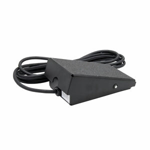 The Lincoln Foot Pedal K4361-1 is a black, wedge-shaped TIG pedal with a textured non-slip surface, long black cord, and side metal screw. Designed for precise amperage control, it’s shown angled on a white background.