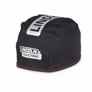 Black flame-retardant welding machine cover with red stitching, Lincoln Electric logo; ideal accessory for WeldingMart tools.