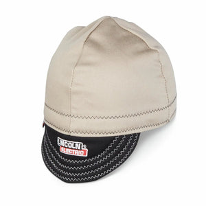 Lincoln FR Welding Cap K4819-L, khaki and black, flame-resistant, zigzag stitching, Lincoln logo. Welding accessory on white background.