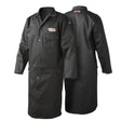Two black, long-sleeve FR welding lab coats made from flame retardant material, featuring buttons, front pockets, and a Lincoln Electric logo on the chest and upper back. Shown from front and back views—ideal for light duty welding tasks.