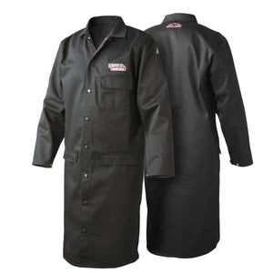 Two black, long-sleeved FR welding lab coats with collars, front buttons, and pockets. One coat is shown from the front, the other from the back, both displaying a Lincoln Electric logo on the chest and upper back.