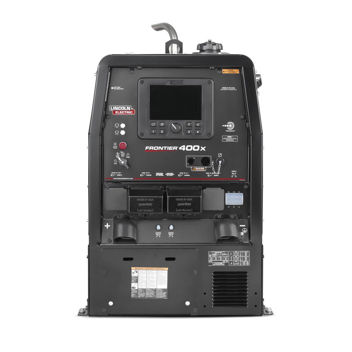 Lincoln Frontier 400X K3484-4 control panel with 7-inch digital display, new rotary start switch and externally replaceable GFCI receptacles.