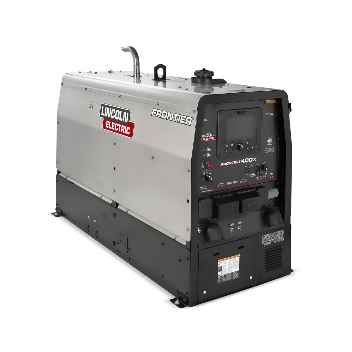 Lincoln Frontier 400X Kubota welder/generator K3484-4, rear three-quarter view showing stainless hood, lifting bail and exhaust.